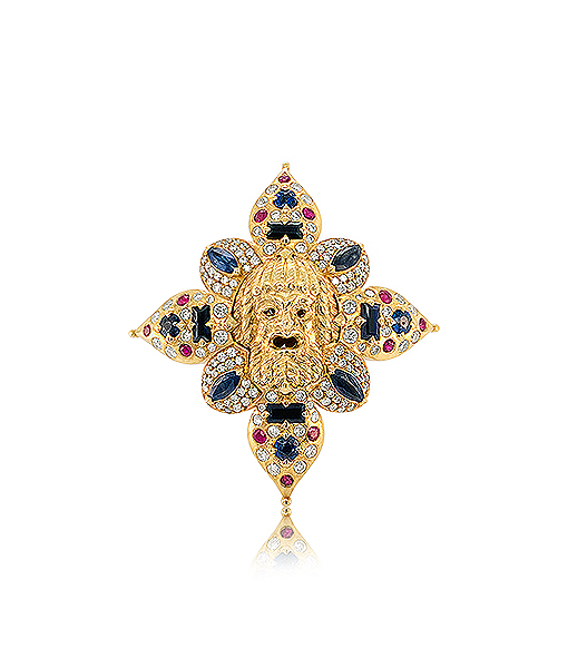 Sylvie Corbelin lion medallion pendant with sapphires rubies and diamonds in 18k gold